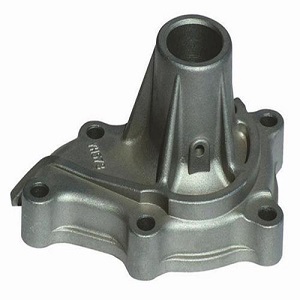 Aluminum die-cast automotive engine bracket with cylindrical mount and flanged base, featuring five bolt holes for precision assembly in industrial or vehicle machinery components.