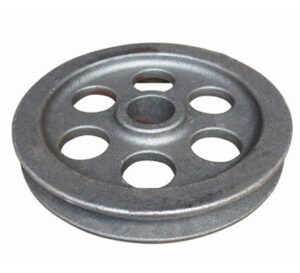 Cast iron V-belt pulley wheel with six circular spokes for industrial mechanical power transmission