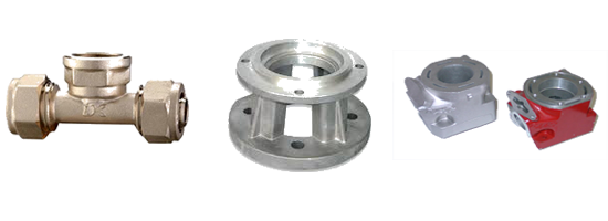 Industrial-grade brass valve fitting, aluminum flanged housing, and painted bearing housings manufactured by Karmayogi Engineers for plumbing, machinery, and mechanical assembly applications.