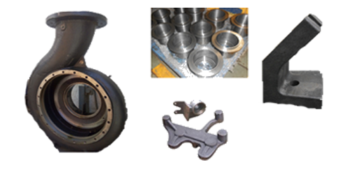 Assorted industrial cast iron and steel components including pump casing, bearing housings, brackets, and forged parts—manufactured by Karmayogi Engineers for heavy-duty engineering and machinery applications.
